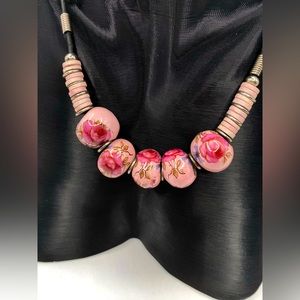 Vintage painted rose wood bead necklace